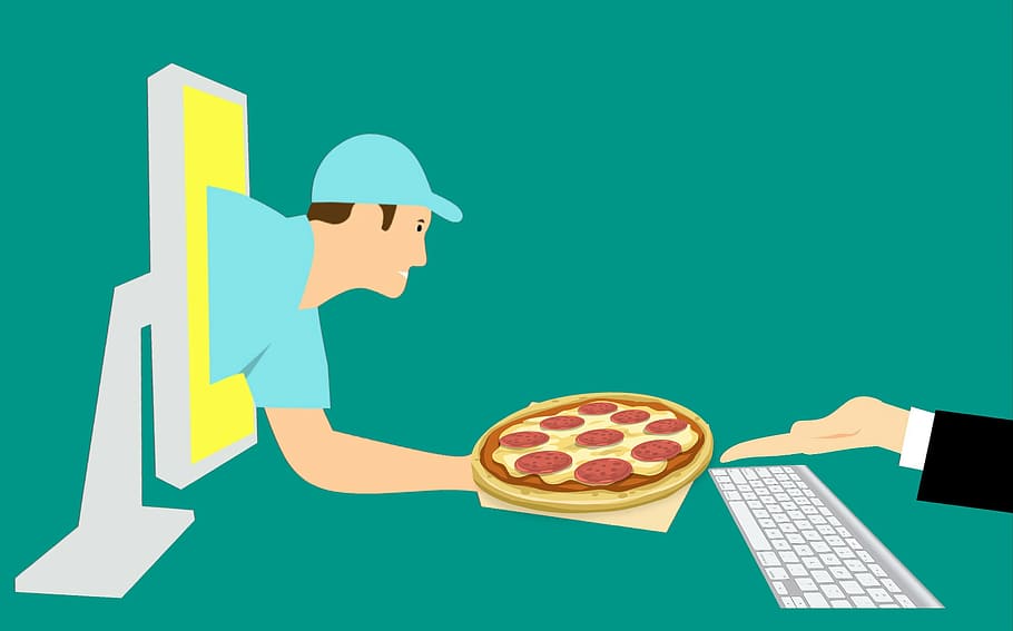 ilustrasi, pemesanan, pizza, online, menerima, pengiriman., kurir, keju, komputer, konsep