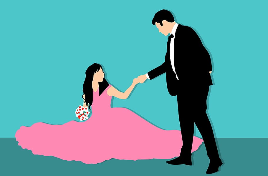 illustration, bride, groom, -, pink, couple, dress, fashion, fun, girl