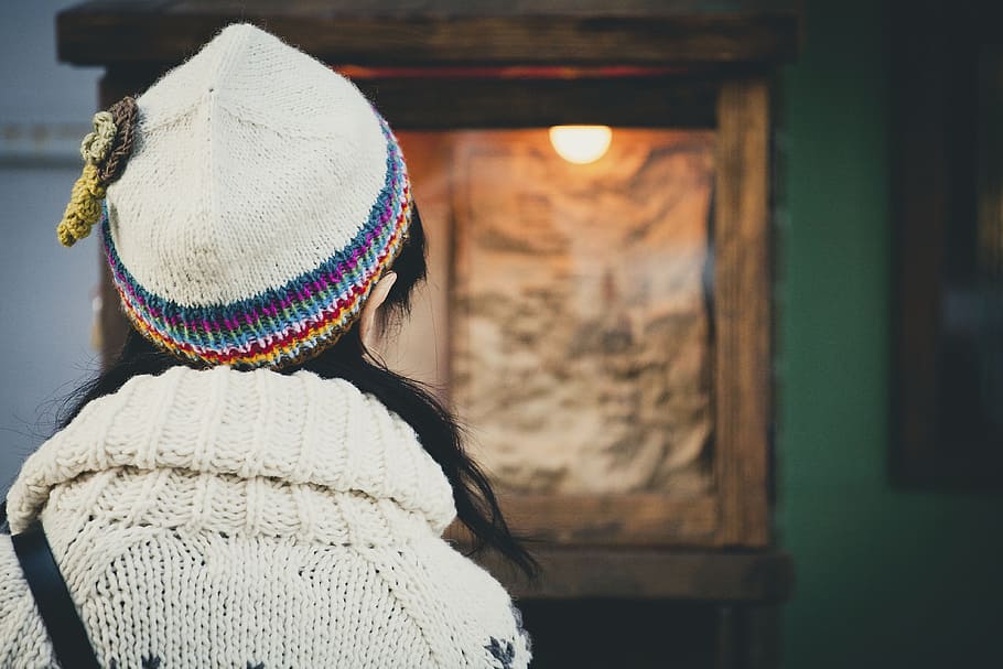 people, woman, bonnet, sweater, cold, weather, hat, clothing, rear view, headshot