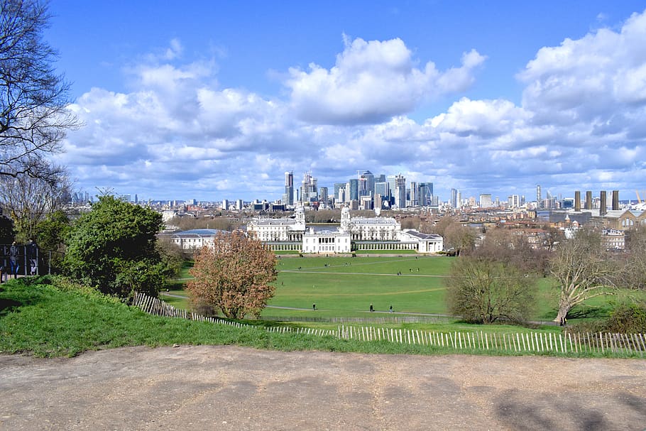 greenwich, london, park, city, green, clouds, spring, england, architecture, skyline