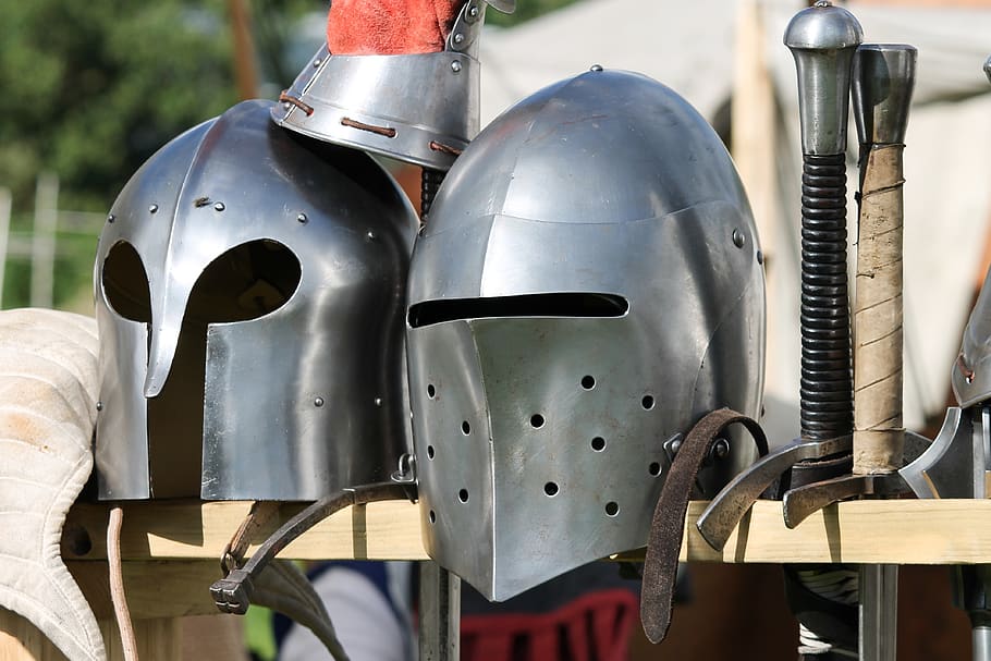 armadura, folha de metal, capacetes, viseira, espadas, armas, cota de malha, historicamente, idade média, cavaleiro