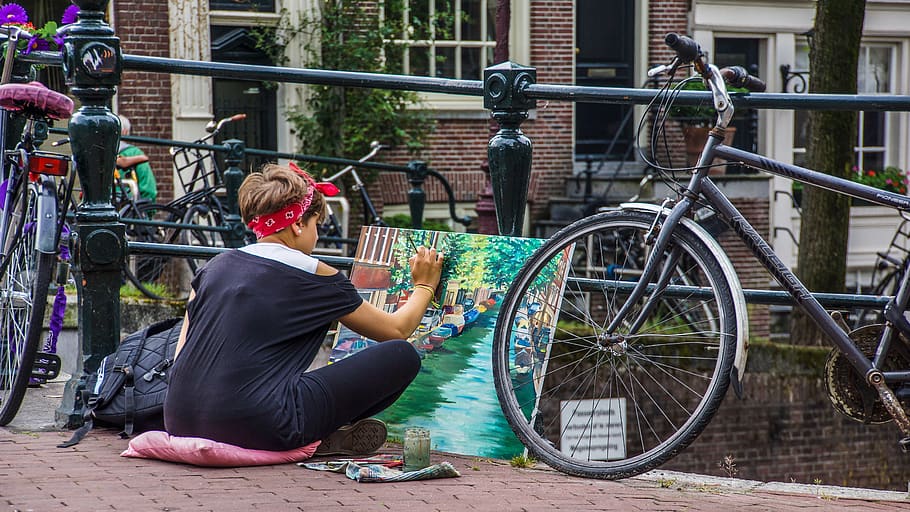 street art, art, painting, street artists, brushstroke, woman, female, brush, bike, bridge