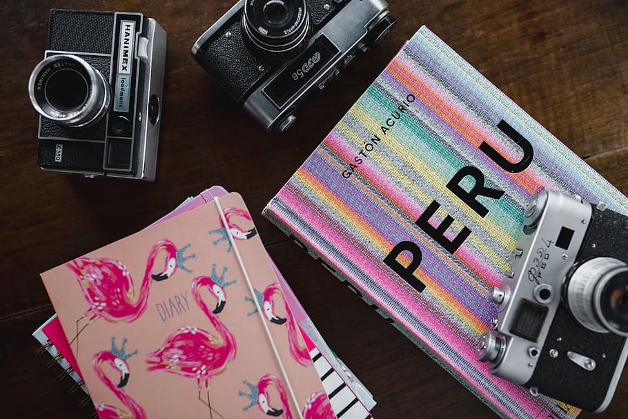 tua, kamera analog, pink, buku, kayu, meja, kamera, analog, buku harian, flamingo