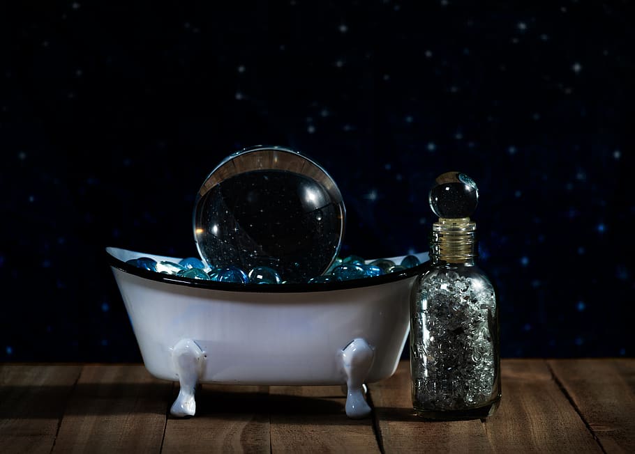 banho, banheira, estrelas, vidro, azul, garrafa, brilho, banheiro, branco, globo