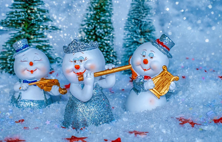 muñeco de nieve, música, instrumentos, celebrar, entretenimiento, copos de nieve, invernal, frío, invierno, villancico