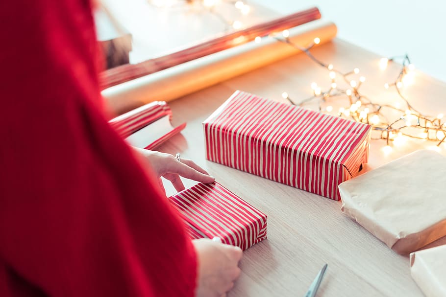 woman, wrapping, christmas, presents, christmas decoration, christmas gifts, christmas lights, christmas presents, christmas time, december