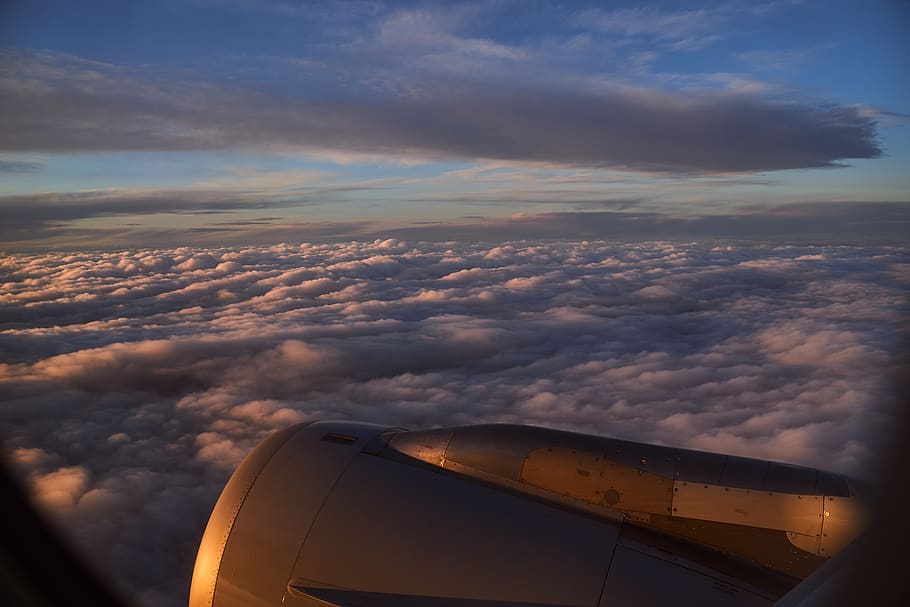 flight, sunrise, sun, engine, mood, dusk, clouds, aircraft, passenger aircraft, cabin