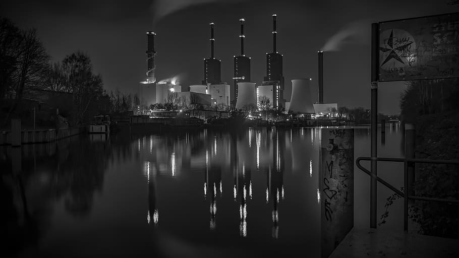 black and white, power plant, water reflection, industry, industrial plant, chimney, architecture, the teltow canal, reflection, factory
