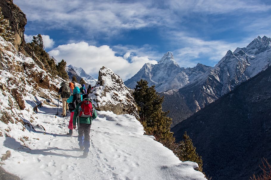 himalayas, nepal, hiking, trek, person, walking, snow, cold, winter, adventure