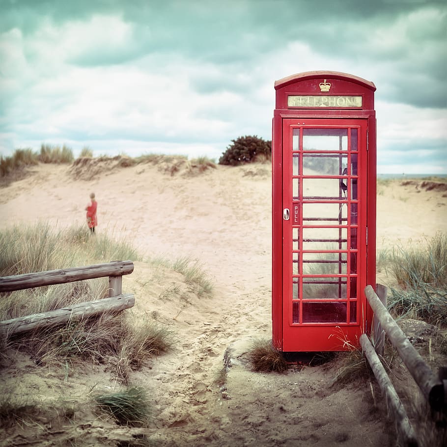 cabina telefónica, playa, solitario, solo, espera, llamada, rojo, estado de ánimo, británico, teléfono