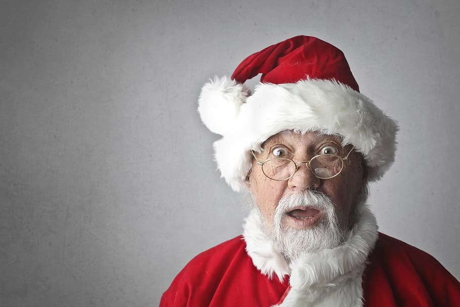 old, aged, man, wearing, santa claus costume, making, surprised, face, isolated, grey