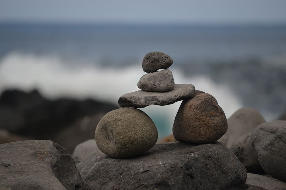 zen, stones, bridge, beach, sea, atlantic, madeira, solid, rock, rock - object