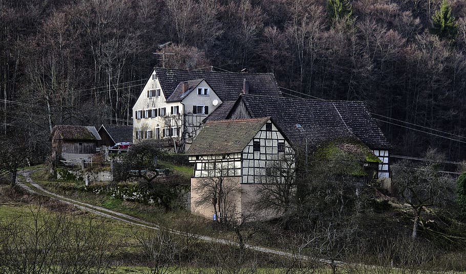 farm, barn, truss, aussiedlerhof, hamlet, morning, building, roof, franconian timber-frame, middle ages
