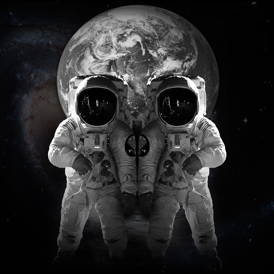 espacio, astronauta, científico, lunar, gravedad, trabajo, fondo negro, vista frontal, sombreros, casco