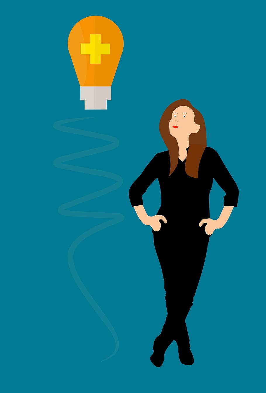 illustration, woman, standing, thinking, coming, ideas., idea, confidence, creative, solution