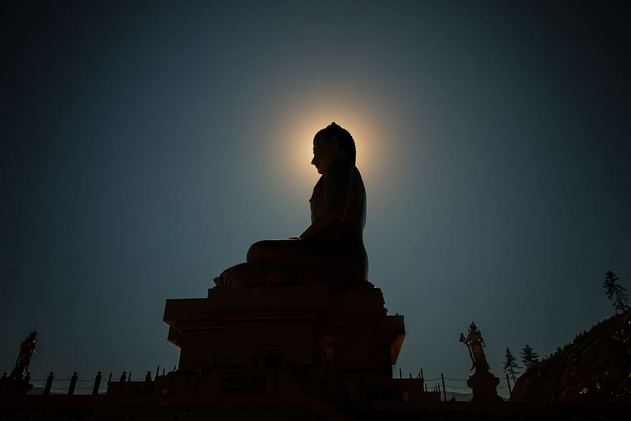 statue, buddha, light, dark, night, sky, stone, sculpture, representation, human representation
