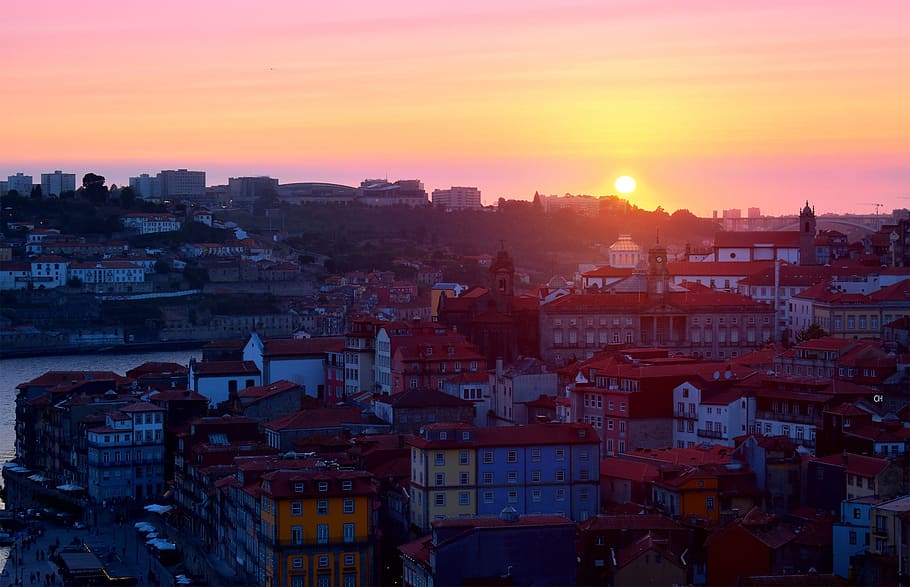Puesta de sol, -, Porto, viejo, ciudad, Ribeira, norte, Portugal, paisaje urbano, Europa