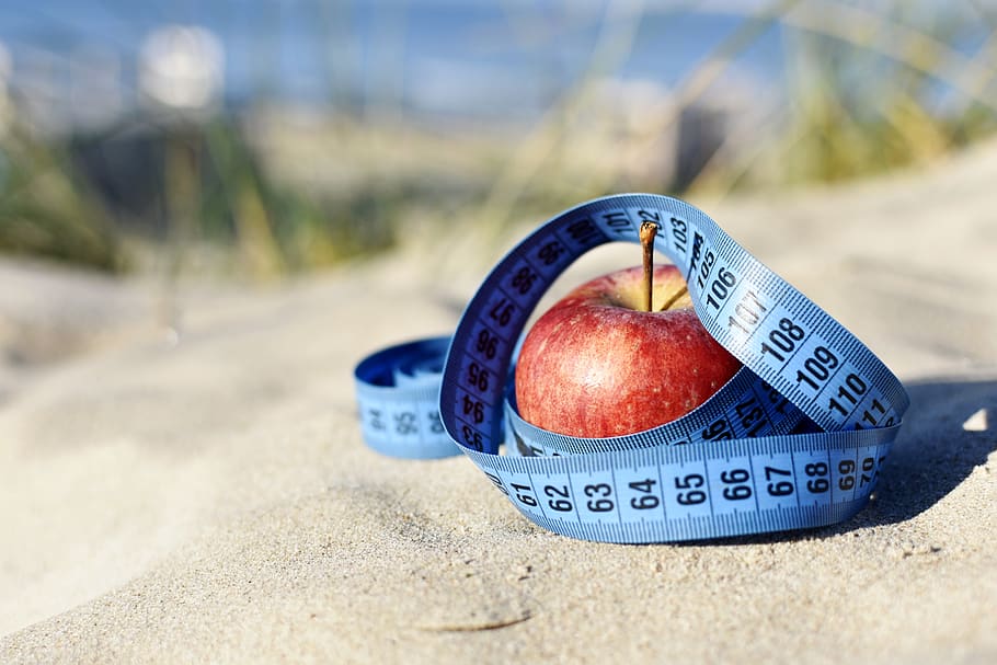 motivación, manzana, medida, cinta azul, vitaminas, manzana roja, fruta, saludable, fresco, delicioso