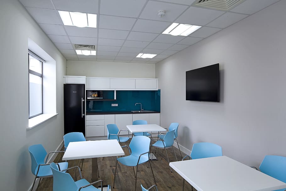 canteen, blue, seating, kitchen, office, catering, table, chair, seat, indoors
