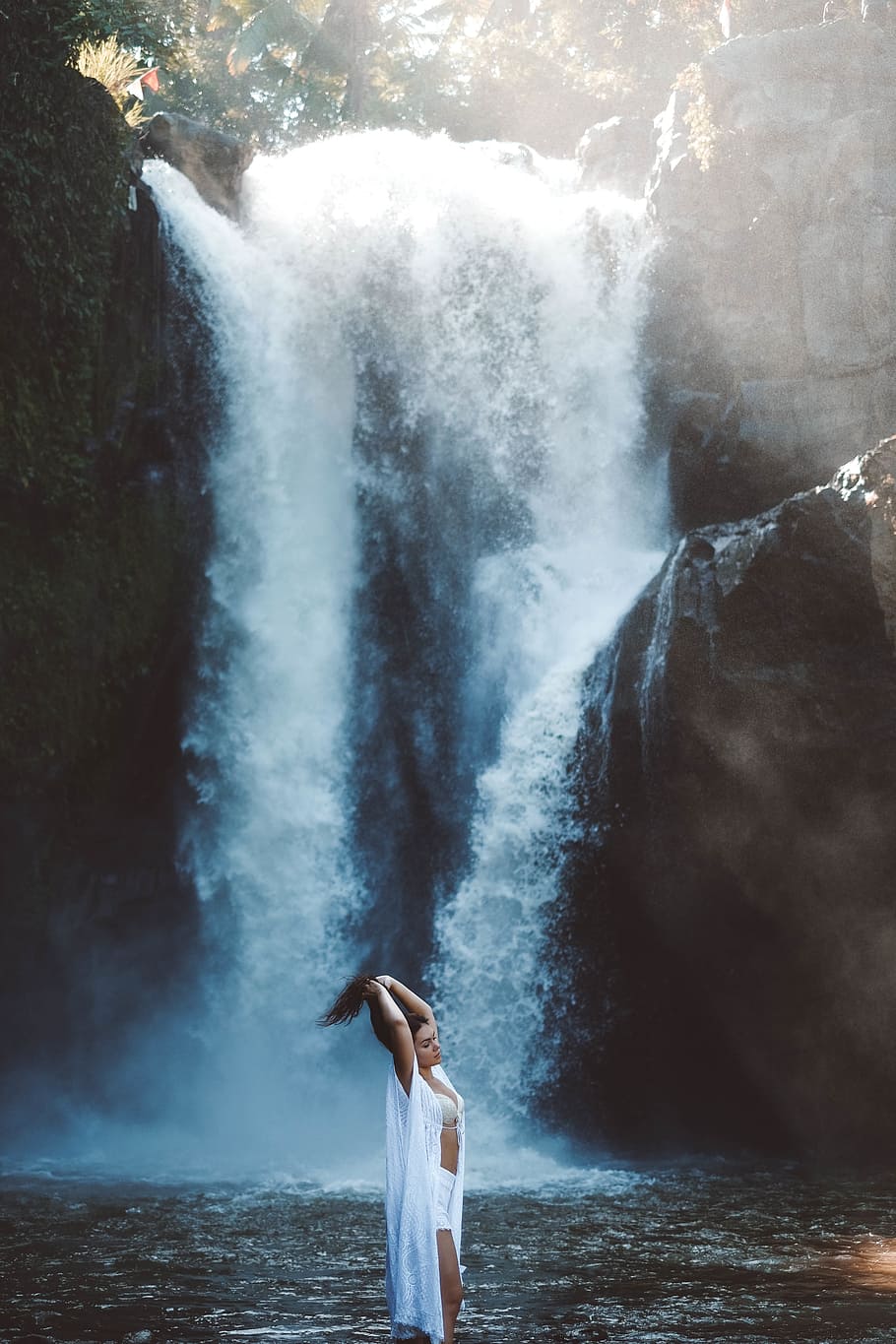 waterfalls, rocks, hill, nature, people, girl, beauty, swimming, water, one person