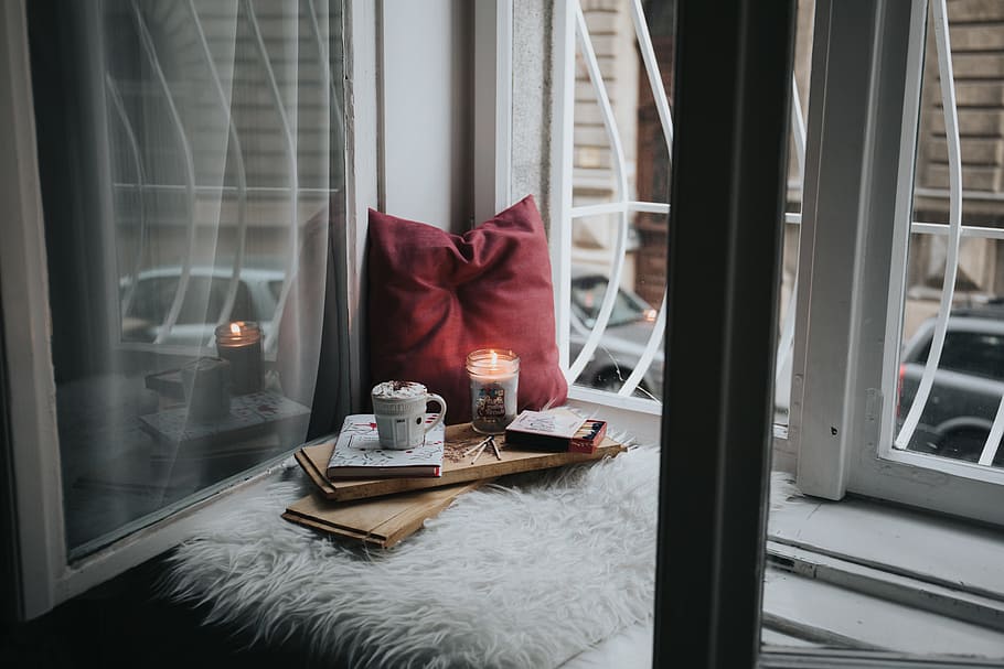 room, glass, window, candle, book, pillow, interior, design, indoors, table