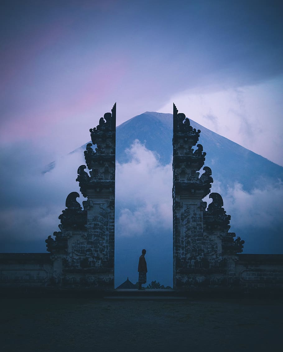 nature, wallpaper, background, mountain, clouds, sky, purple, blue, man, temple