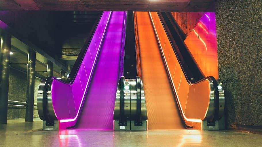 escalator, staircase, metro, subway, lights, neon, oslo, underground, illuminated, indoors