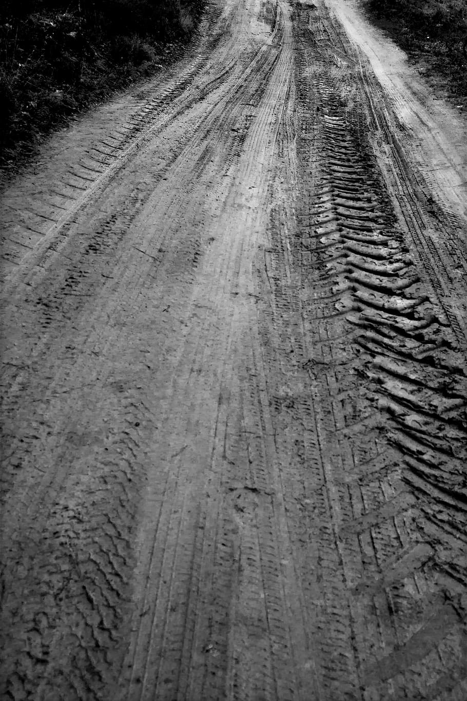 path, footprints, tractor, rain, mud, street, field, mountain, wheels, tires