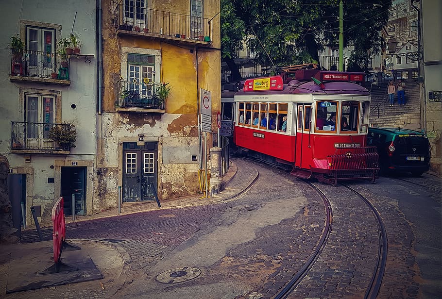 lisbon, tram streetcar, tram, portugal, old town, alfama, transport, the lisbon tram, travel, city