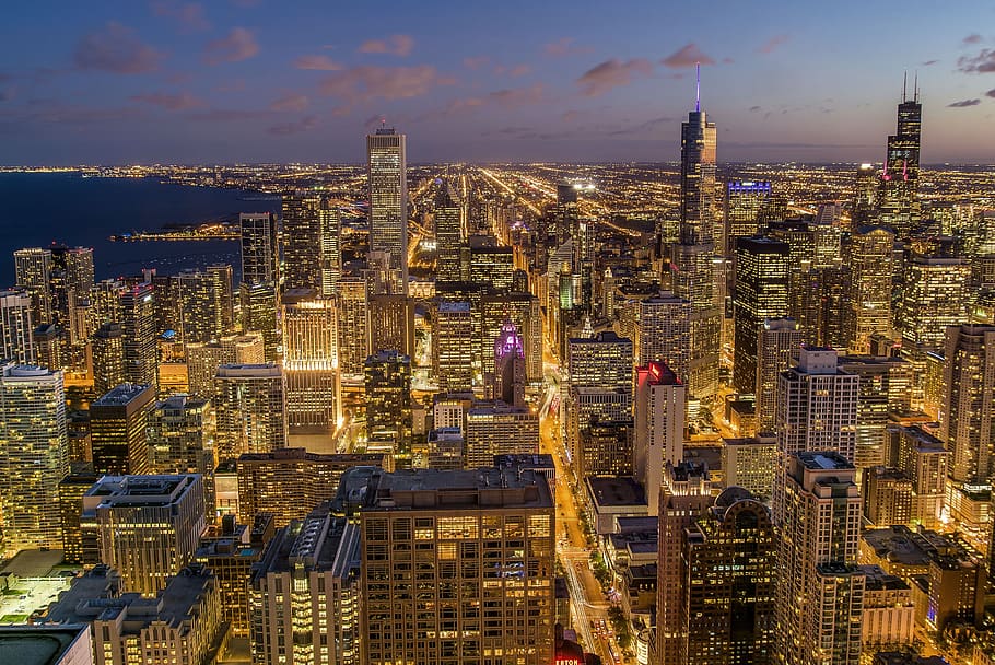 chicago, city, night, usa, architecture, building, cityscape, downtown, dusk, evening