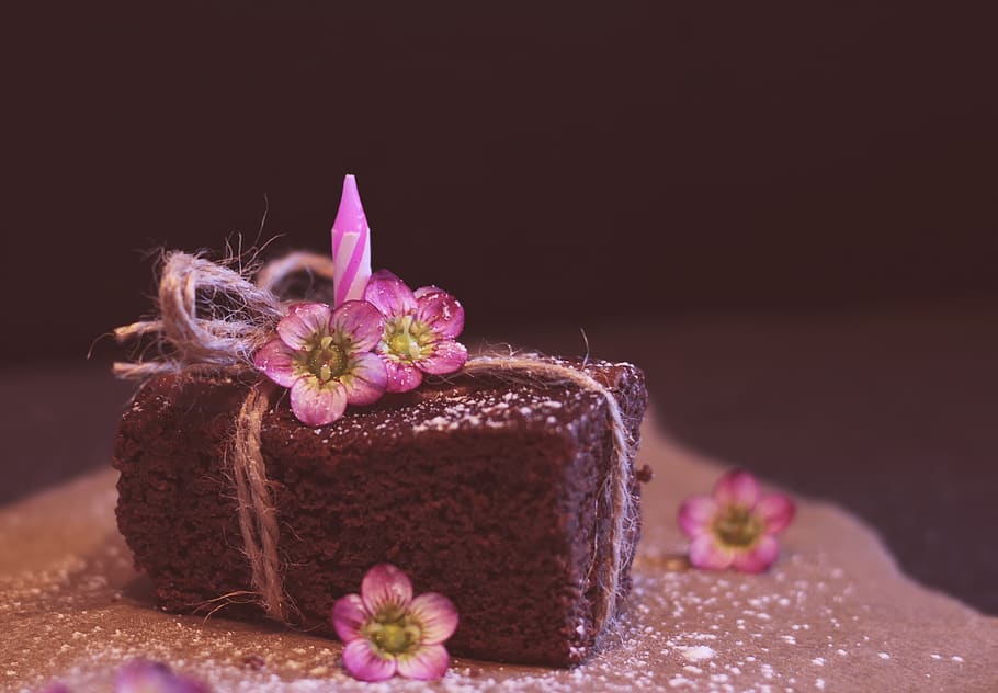 brownie, cake, greeting card, pastries, birthday candle, flowers, birthday cake, holiday, postcard, chocolate cake