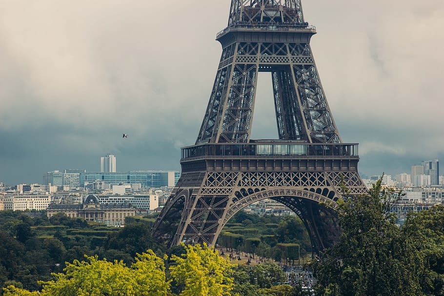 eiffel tower, surrounded, trees, cloudy, day, arc, architectural, architecture, bridge, bright