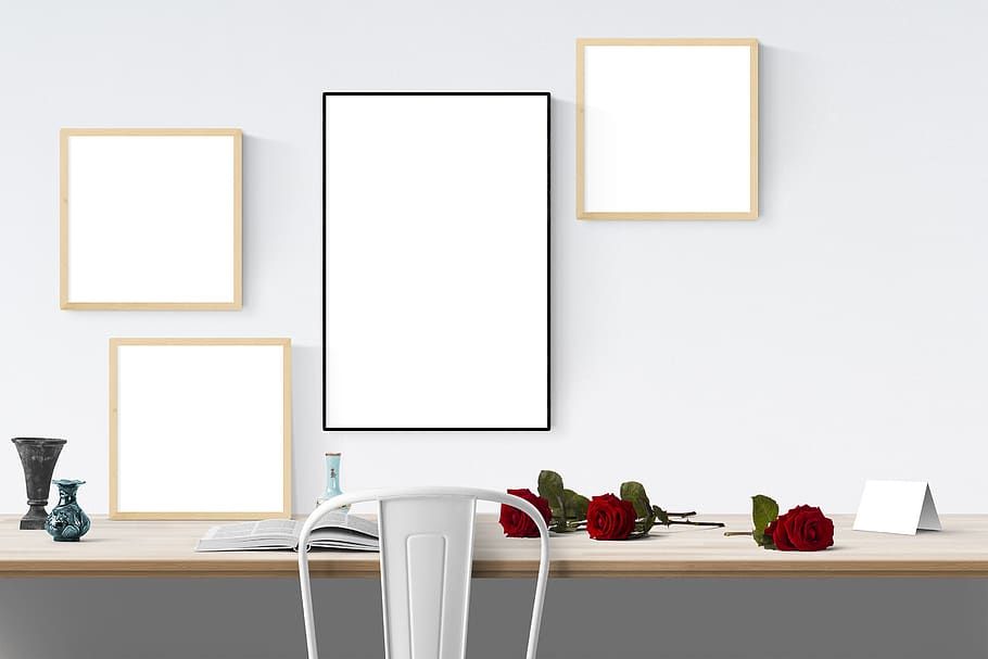 poster, frame, chair, flowers, desk, picture frame, indoors, table, copy space, technology