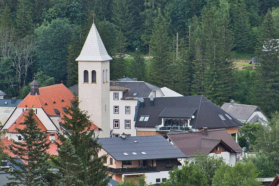 church, village, steeple, houses, architecture, styria, austria, wallpaper, tree, building exterior