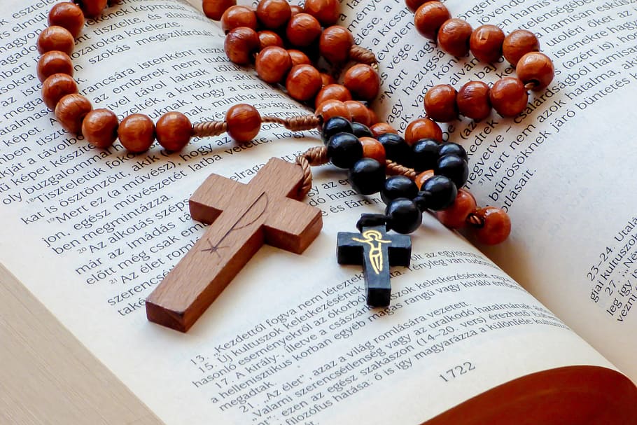 bible + cross, various, bible, text, paper, indoors, publication, book, still life, high angle view