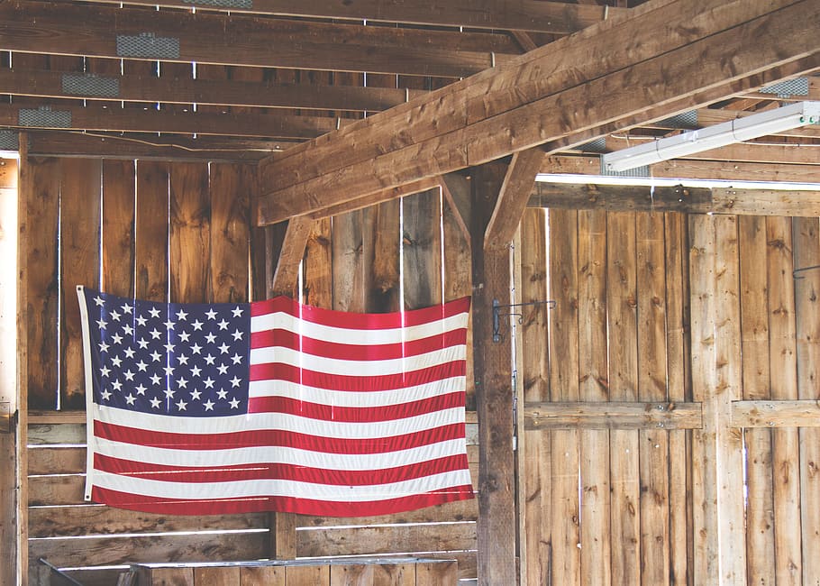 estadounidense, bandera, barras y estrellas, Estados Unidos, madera, cabina, troncos, madera - material, a rayas, estructura construida