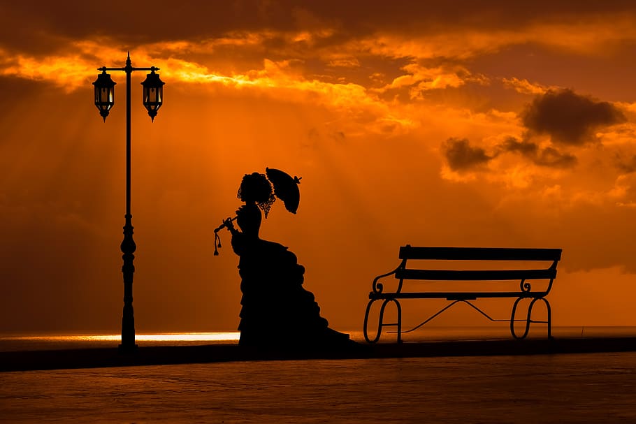 sunset, woman, bench, lantern, lamp, silhouette, shadows, dusk, retro, romantic
