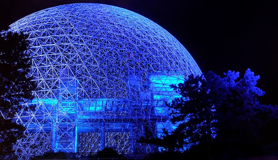 biosphere, night, sphere, illumination, environment museum, montreal, building, structure, metallic, bright