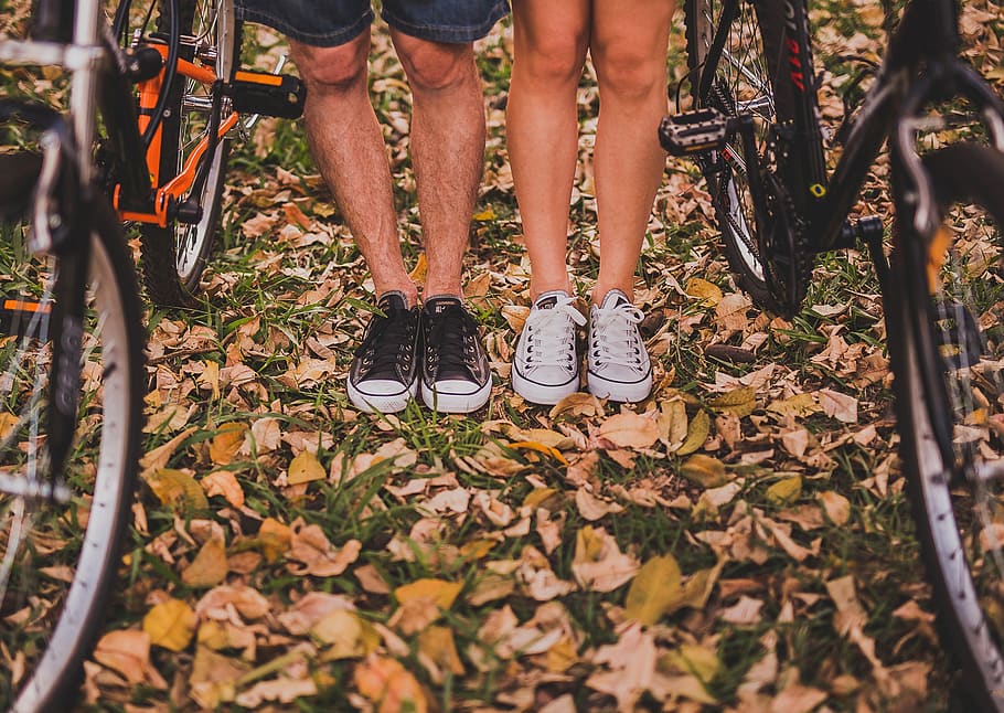 adult, autumn, autumn leaves, bicycles, bikes, couple, fall, fashion, feet, footwear