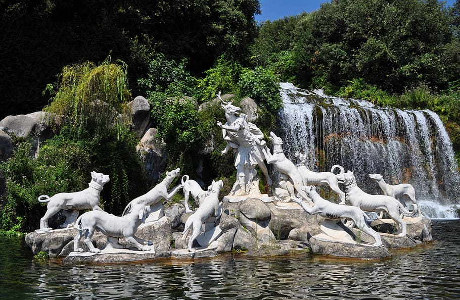 fontana, waterfall, royal palace, caserta, water, architecture, landscape, statues, monument, plant
