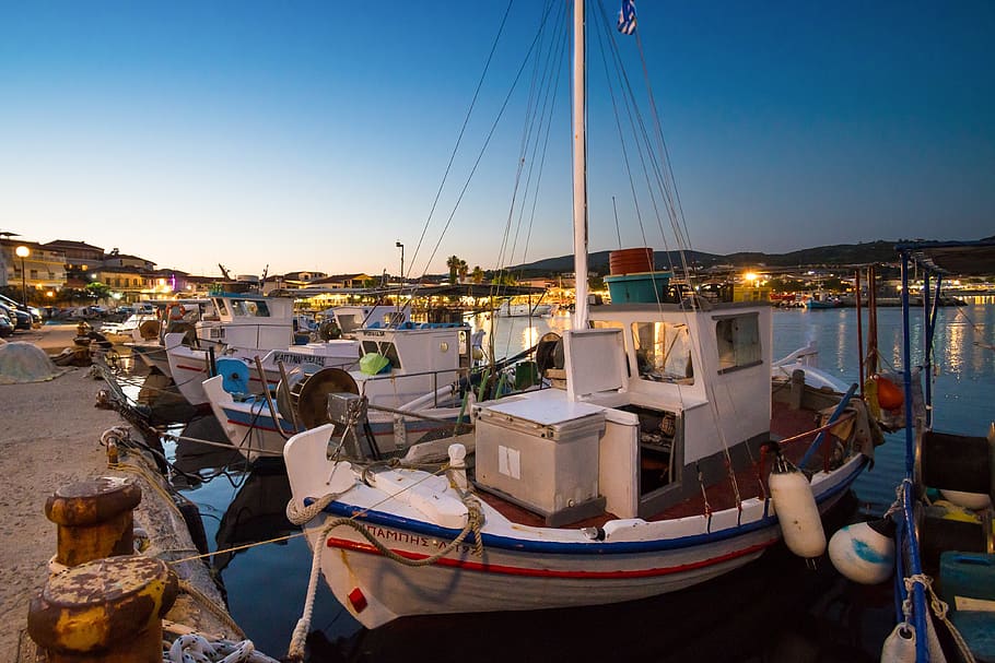 greece, sea, mediterranean, peloponneses, fishing boats, port, abendstimmung, nautical vessel, water, transportation