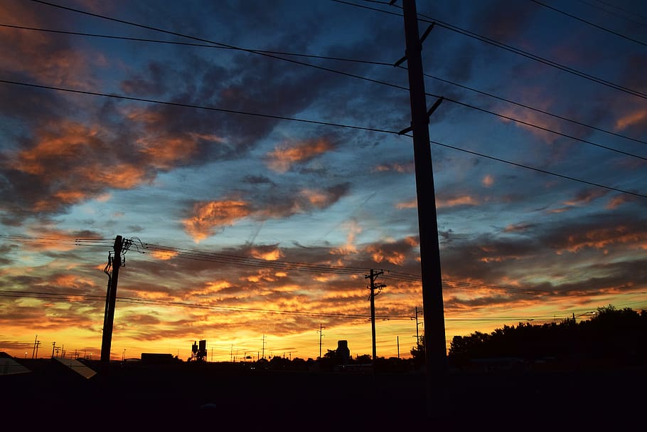 powerlines, energy, utility, sunset, voltage, power, tower, equipment, transmission, grid