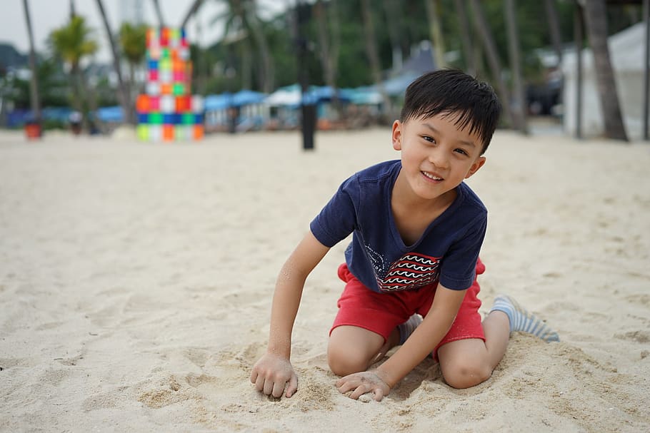 criança, praia, prazer, verão, jogar areia, menino, sorriso, chinês, asiático, amarelo
