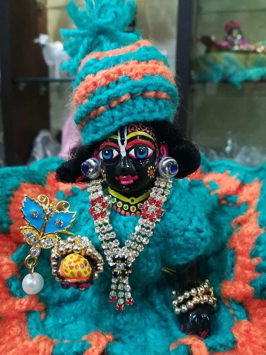 krishna, lord, bluish, decorated, aman, representation, creativity, indoors, close-up, multi colored