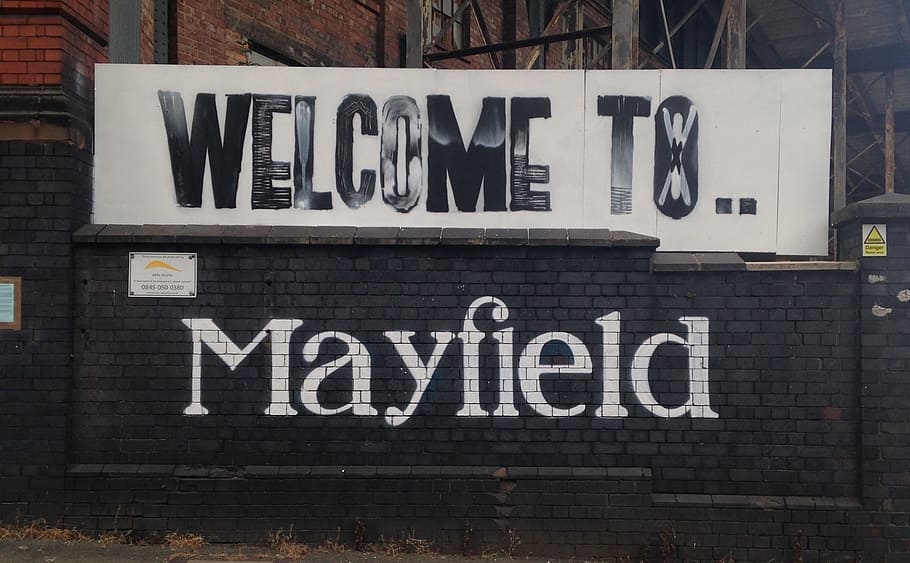 mural, mayfield, kreatif, pengembangan, tua, depot kereta api mayfield, manchester., stasiun mayfield, manchester, kereta api