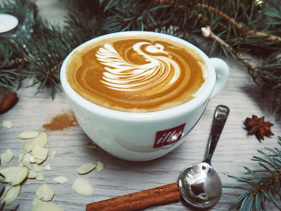 coffee, latte, art, espresso, steamed milk, cup, spoon, illy, swan, design