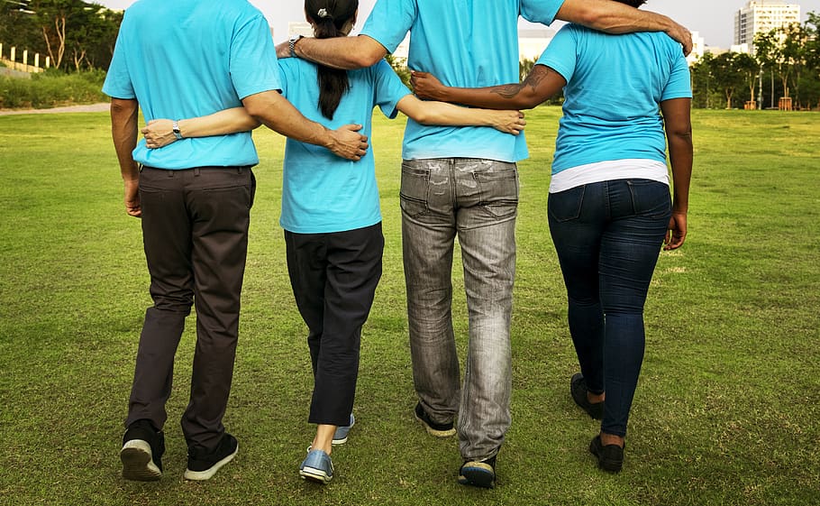 arms around, back, blue, charity, donation, environment, friends, friendship, group, humanity