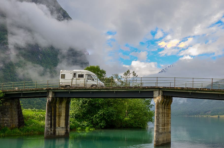 camper, travel, adventure, dom, camping, transport, fjord, norway, mountains, bridge