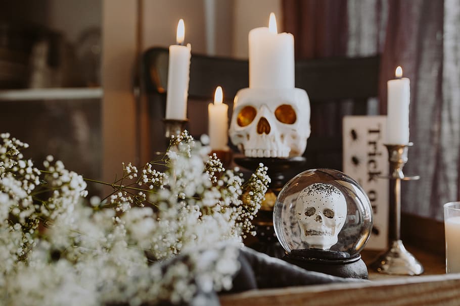 decorações de halloween, velas, outono, crânio, dia das bruxas, outubro, assustador, decorar, vela, dentro de casa