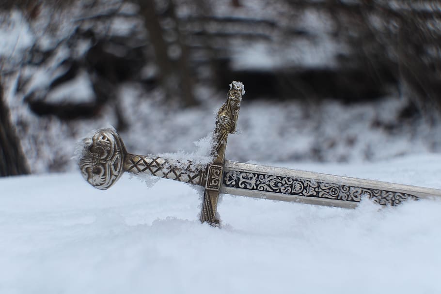 sword, weapon, epic, fantasy, celtic, celtic design, metal, metallic, winter, snow